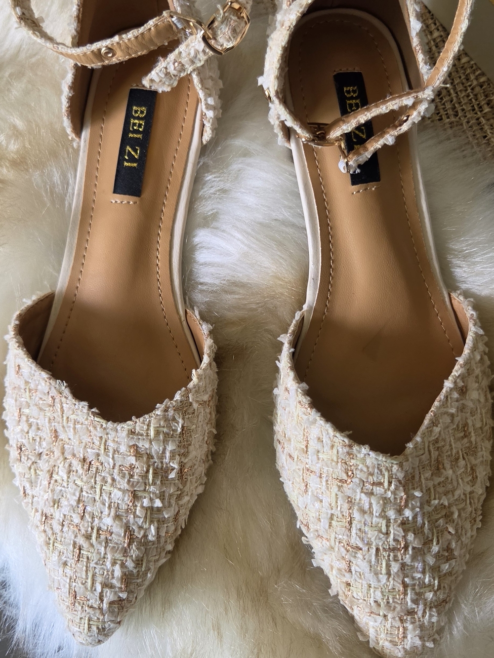 Bezi Cream Tweed Pointed Ankle-Strap Flats